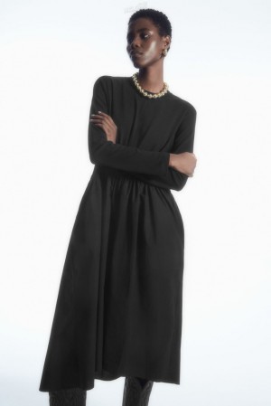 COS Asymmetric Gathered-Waist Midi Dress Women's Dresses Black | II13-C3KO