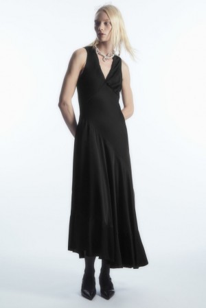 COS Asymmetric Satin Midi Dress Women's Dresses Black | OK91-N7ZF