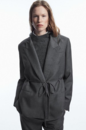 COS Belted Double-Breasted Wool Blazer Women's Blazers & Tailoring Gray | IU71-C7RE