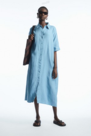 COS Belted Linen Shirt Dress Women's Dresses Light Blue | BU78-S7MG