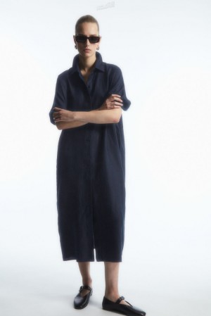 COS Belted Linen Shirt Dress Women's Dresses Navy | DS61-L1HF