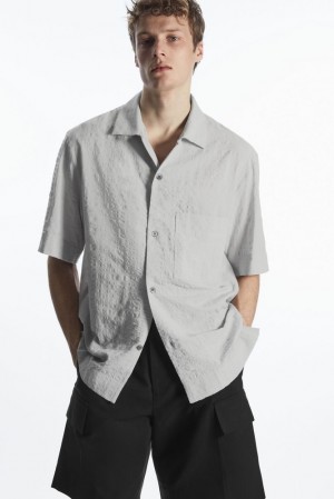 COS Camp-Collar Seersucker Shirt Men's Shirts Light Grey | OM06-C0LZ