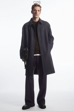 COS Checked Felted-Wool Car Coat Men's Coats & Jackets Navy / Checked | ME60-H0CY