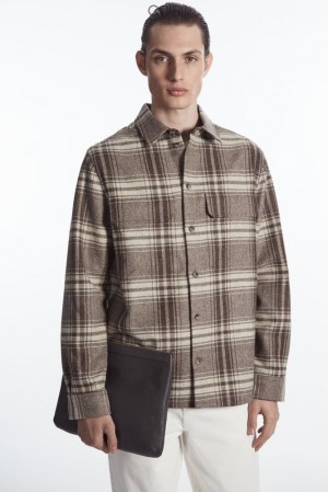 COS Checked Wool-Flannel Overshirt Men's Shirts Brown / Cream / Checked | DE30-X1GD