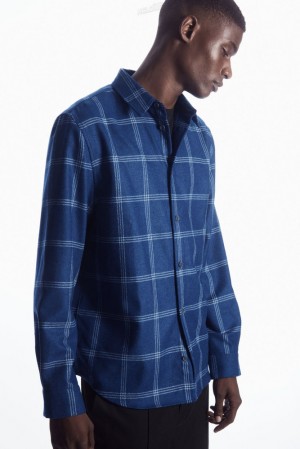 COS Checked Wool Shirt Men's Shirts Blue / Checked | KS14-I7MK