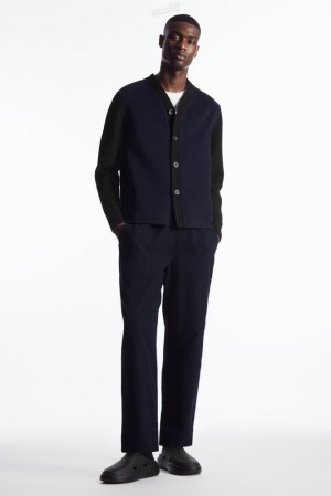 COS Color-Block Paneled Wool Cardigan Men's Sweaters & Cardigans Black / Navy | WS71-I3CH