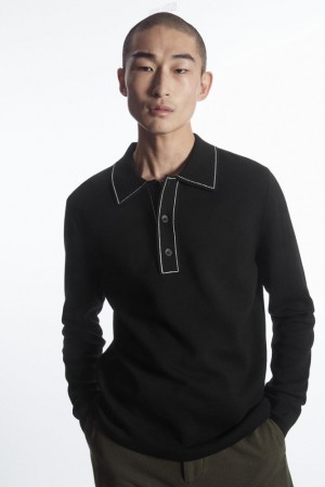 COS Contrast-Stitch Wool Polo Shirt Men's Knitwear Black / White | RD40-K7CC