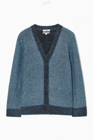 COS Contrast-Trim Wool-Blend Cardigan Men's Sweaters & Cardigans Blue | UN33-P6BM