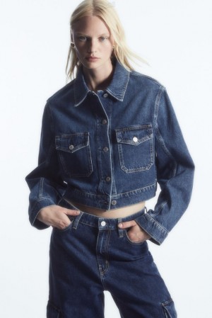 COS Cropped Denim Jacket Women's Coats & Jackets Blue | BQ09-Q7SU