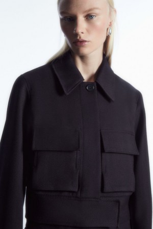 COS Cropped Herringbone Wool Utility Jacket Women's Coats & Jackets Navy | SN13-E8GW