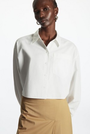 COS Cropped Poplin Shirt Women's Tops White | WY65-J0EE