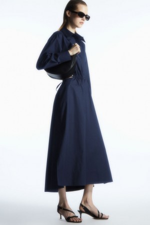 COS Cutout-Waist Midi Shirt Dress Women's Dresses Navy | FI05-D1EA