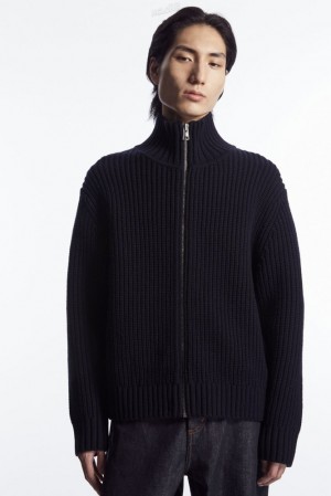 COS Funnel-Neck Knitted Wool Jacket Men's Knitwear Navy | JX79-K9BQ