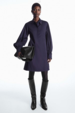 COS Gathered-Sleeve Mini Shirt Dress Women's Dresses Black | FI70-A7CX