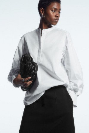 COS Gathered Grandad-Collar Blouse Women's Blouses White | KN05-B4DC