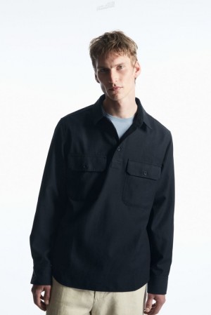 COS Half-Placket Utility Overshirt Men's Shirts Navy | NN08-Z5KN