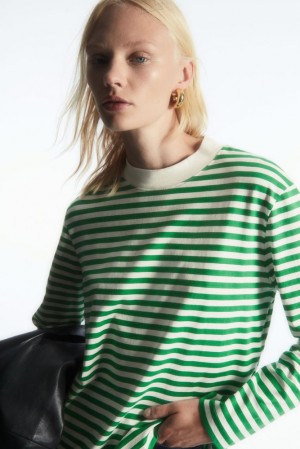 COS Long-Sleeved Mock-Neck T-Shirt Women's T-shirts Green / Striped | BG81-U2XK