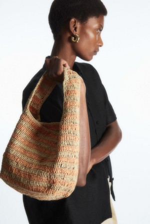 COS Mini Raffia Shoulder Bag Women's Bags Beige / Orange / Striped | OC38-R6LL