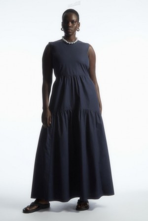 COS Open-Back Tiered Dress Women's Dresses Navy | PF15-R9FG