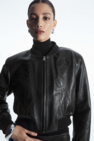 COS Oversized AppliquéD Leather Bomber Jacket Women's Coats & Jackets Black | EE83-O6PI