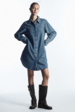 COS Oversized Denim Mini Shirt Dress Women's Dresses Blue | EV62-Z4QD