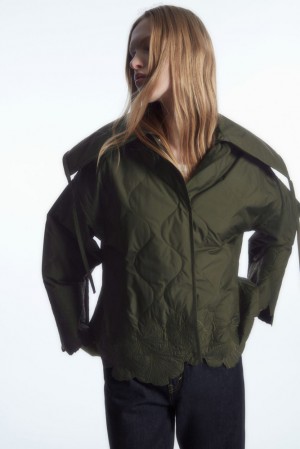 COS Oversized Embroidered Quilted Jacket Women's Coats & Jackets Khaki | VJ93-L0SB