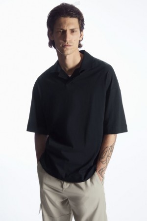 COS Oversized Open-Collar Polo-Shirt Men's T-shirts Navy | SX34-P1WR