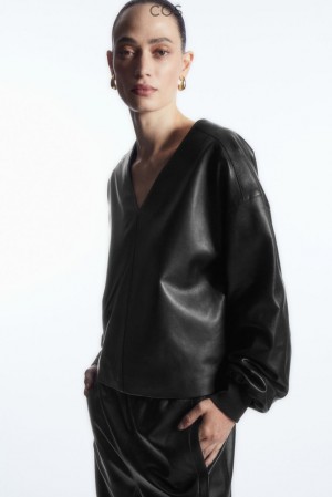 COS Oversized V-Neck Leather Top Women's Tops Black | EC42-R6RN