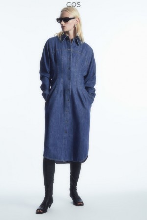 COS Oversized Waisted Denim Shirt Dress Women's Dresses Blue | BN78-C7TZ