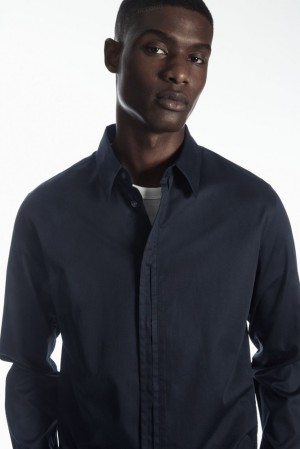 COS Pleated-Placket Dress Shirt - Regular Men's Shirts Navy | OB80-H1NW