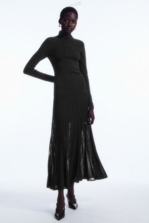 COS Pleated Knitted Turtleneck Maxi Dress Women's Dresses Black | WH34-L0QM