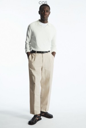 COS Pleated Straight-Leg Linen-Blend Trousers Men's Pants Light Beige | MW44-Y4RO