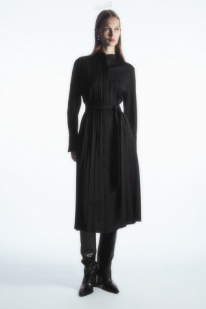 COS Pleated Wool-Blend Shirt Dress Women's Dresses Black | UM22-H0RW