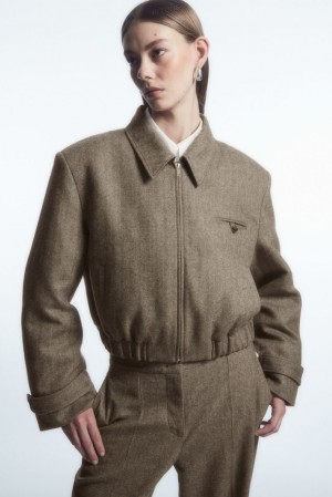 COS Power-Shoulder Wool-Herringbone Jacket Women's Coats & Jackets Light Brown | CH91-A4BN