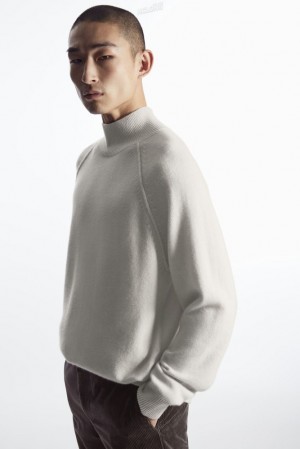 COS Pure Cashmere Funnel-Neck Jumper Men's Sweaters & Cardigans Light Beige | FG93-Y3EO