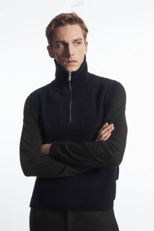 COS Ribbed-Knit Half-Zip Tank Men's Tops Navy | BO65-N8DG