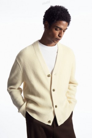 COS Ribbed Wool And Cashmere Cardigan Men's Knitwear Cream | OB27-X9HX