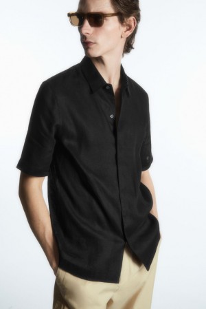 COS Short-Sleeved Linen Shirt Men's Shirts Black | LF39-X3WL