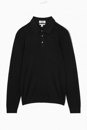 COS Silk-Blend Polo Shirt Men's Knitwear Black | IC81-Q5QW