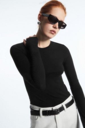 COS Slim-Fit Long-Sleeve Top Women's Tops Black | KM66-H7TU