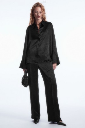 COS Straight-Leg Crinkled-Satin Pants Women's Pants Black | LF38-E3ER