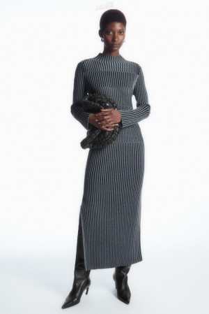 COS Striped Ribbed-Knit Midi Dress Women's Dresses Blue | WX60-D1HV