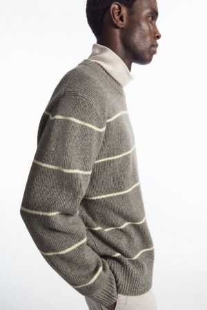 COS Striped Wool And Yak-Blend Jumper Men's Knitwear Dark Beige / Striped | VV01-N0DX