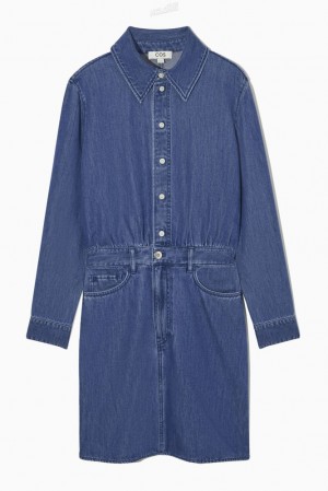 COS Structured Denim Shirt Dress Women's Dresses Washed Blue | QD52-X2JY