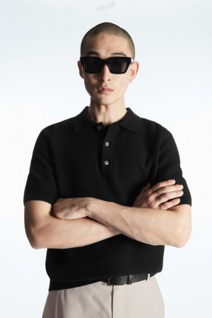 COS Textured Knitted Polo Shirt Men's Sweaters & Cardigans Black | DK65-I1VQ