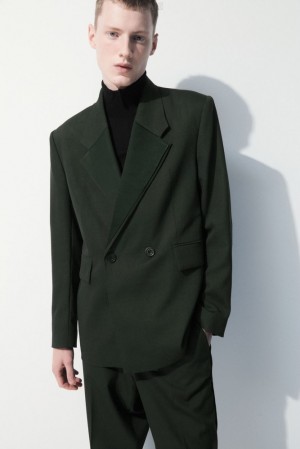 COS The Double-Breasted Wool Tuxedo Jacket Men's Coats & Jackets Dark Green | BE92-P6SQ