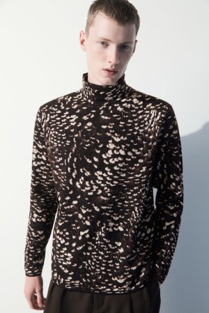 COS The Feather-Jacquard Jumper Men's Sweaters & Cardigans Dark Brown / Feather Print | HF09-T1IC