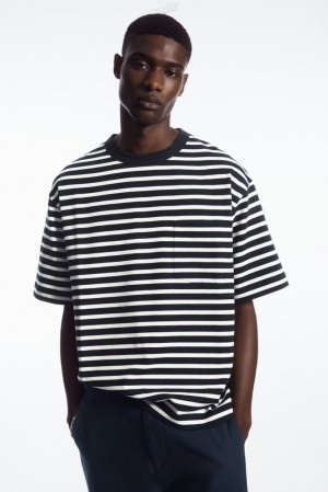 COS The Heavy Duty Striped T-Shirt Men's T-shirts Navy / White / Striped | CW54-P2XM