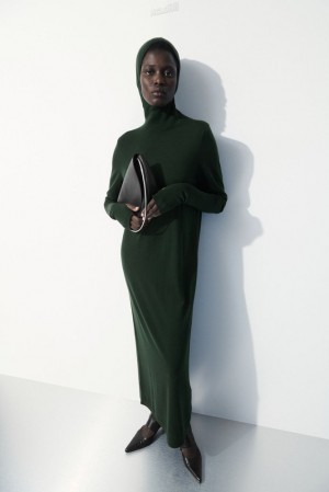 COS The Hooded Wool Dress Women's Dresses Dark Green | TU84-I8RQ