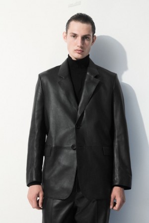 COS The Single-Breasted Leather Blazer Men's Coats & Jackets Black | ZY07-W4PQ